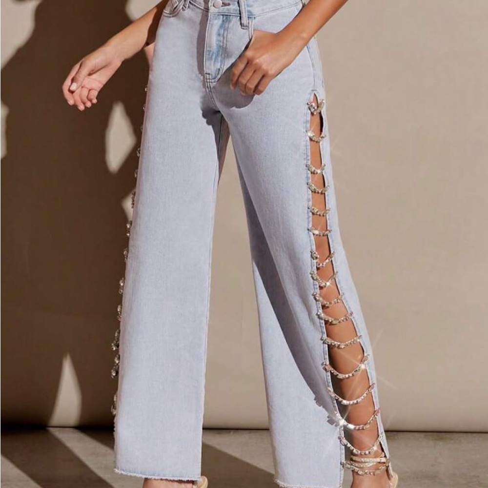 Stylish Light Blue Jeans with Side Lace-Up Detail